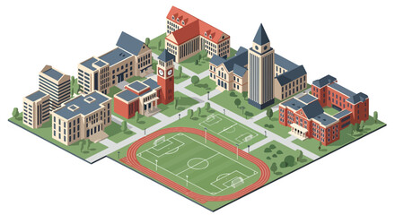 3D isometric view flat style illustration of modern university campus with academic buildings, sports field, green landscape and organized urban education environment © Amie
