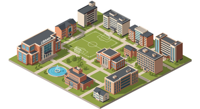 3D isometric view flat style illustration of modern university campus with academic buildings, sports field, green landscape and organized urban education environment