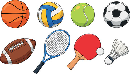 Collection of popular sports equipment balls and gear including basketball football tennis volleyball racket shuttlecock isolated illustration set © Lunavera art