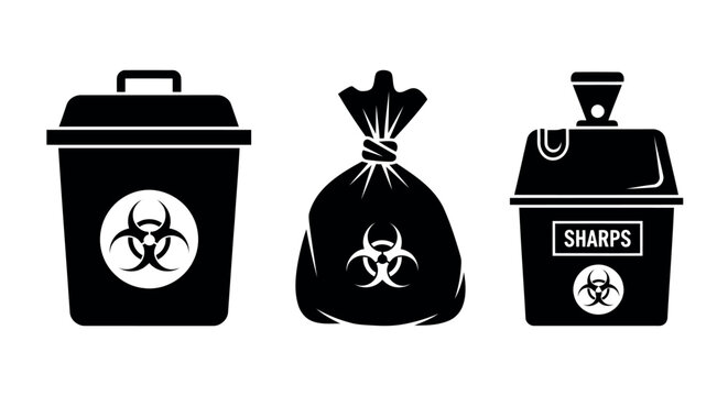 Biohazard waste disposal: bin bag and sharps container trash bin medical waste hazardous material line art black and white contamination prevention waste management infectious waste disposal
