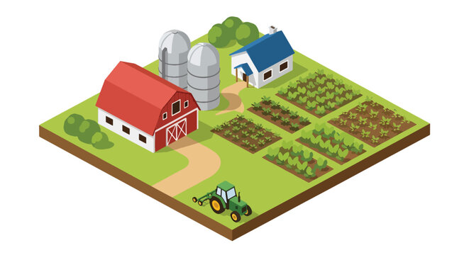 3D isometric view flat style illustration of agricultural farm with barn, crops and tractor, rural countryside farming and food production environment