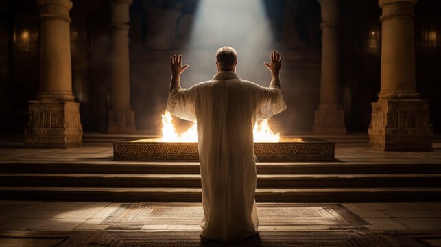 Isaiah stands in the temple with hands raised as divine light fills the sanctuary, revealing holiness, humility, and a life-changing encounter.
