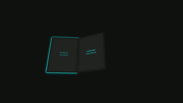 Digital Book "UNKNOWN VARIABLE" with Binary Code on Black Background