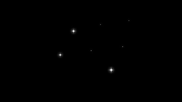 Cartoon white twinkling stars animation with fast glitter motion, glowing light trails, flat vector sparkle doodles, black screen background, seamless 4K looping visual video