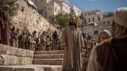 Fototapeta premium Isaiah stands in Jerusalem’s square calling the crowd to repentance, as the temple behind them frames a public moment of warning, hope, and return. 