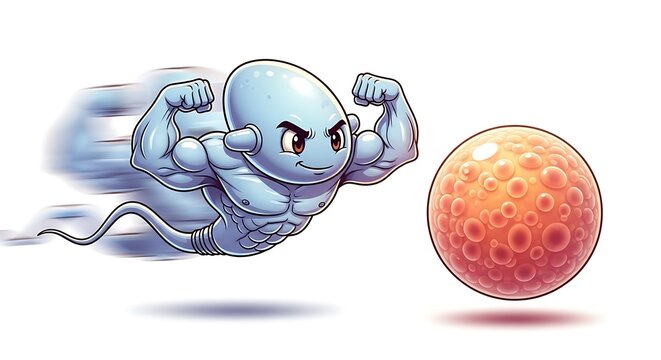 cute cartoon sperm character with muscular heroic style swimming toward an ovum, outer motion blur while central sperm and ovum are sharply detailed, blur and reveal effect, vibrant colors, 