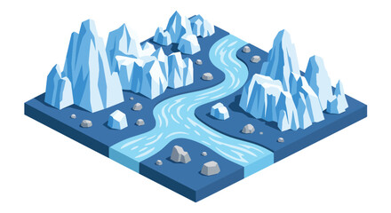 3D isometric view flat style illustration of icy glacier mountains with frozen river, cold climate natural landscape environment © Amie