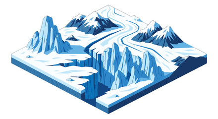 3D isometric view flat style illustration of icy glacier mountains with frozen river, cold climate natural landscape environment © Amie