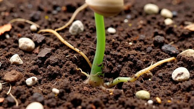 Seed Germination Time Lapse Macro View of Sprout and Roots Growing in Dark Soil for Agriculture