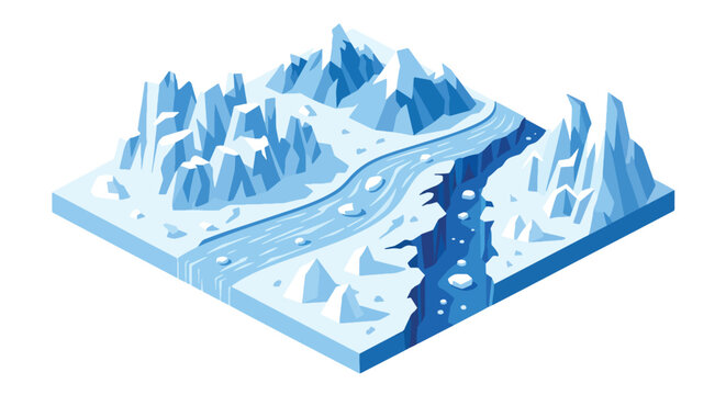 3D isometric view flat style illustration of icy glacier mountains with frozen river, cold climate natural landscape environment