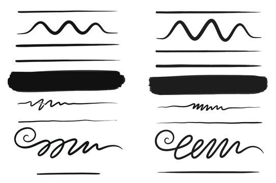 Set of hand-drawn underlines and brush strokes, graphic design elements and artistic lines