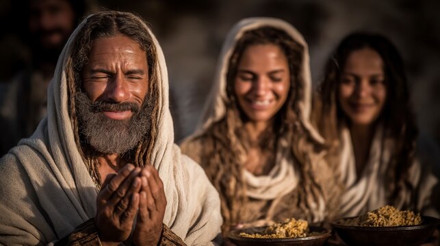 A warm biblical scene of a family sharing a peace offering meal near the Tabernacle courtyard, as a priest oversees the ritual and smoke rises from the bronze altar in the Sinai wilderness.

