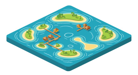 3D isometric view flat style illustration of Maldives atols tropical island resort with wooden villas over water, boats, and palm trees, representing luxury travel destination and beach tourism © Amie