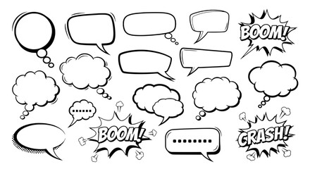 Fototapeta premium Speech bubbles comic set with doodle smoke clouds and impact sounds BOOM and CRASH for speech icons featuring conversation, communication, dialogue