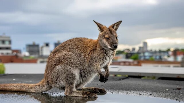 Wallaby on a rooftop in an urban environment, looking around.
