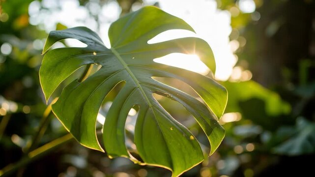 Sunlit Monstera Leaf - A Vibrant Display of Natures Beauty.