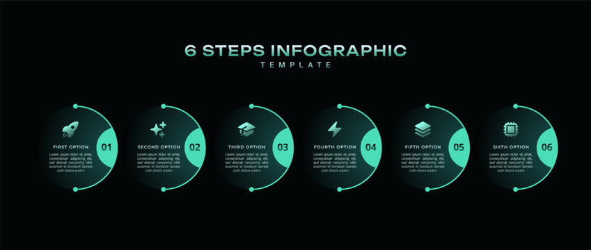 Dark outline infographic 6 step half circle timeline with horizontal flow, green neon minimal style, vector for business presentation, workflow layout, pie chart, process diagram, report design
