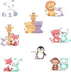 Fototapeta premium Cute cartoon animal friends collection with lions bears penguins foxes and owls, adorable baby animals set for kids design nursery illustration vector
