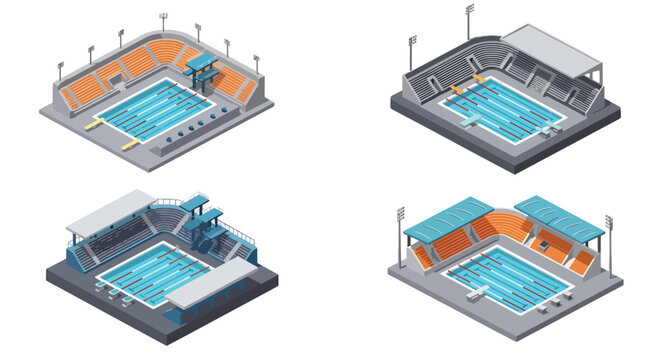 3D isometric view flat style illustration of indoor swimming pool arenas with diving platforms, spectator seating, and competition lanes, designed for professional aquatic sports events