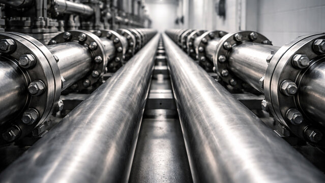 parallel industrial pipelines with flange connections low angle perspective metal infrastructure