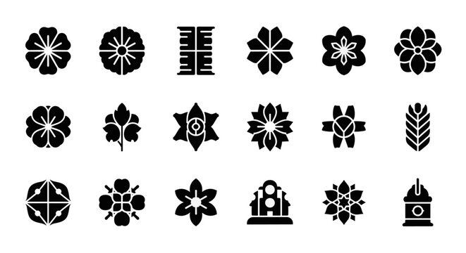 Collection of Japanese floral and geometric emblems in black silhouette