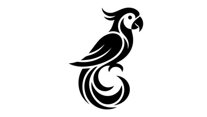Stylized black silhouette of a sitting parrot with silhouette tropical decoration stylized minimalist isolated background © Md