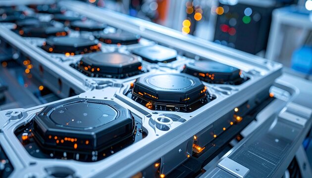 Rows of sleek, metallic server units line a high-tech room