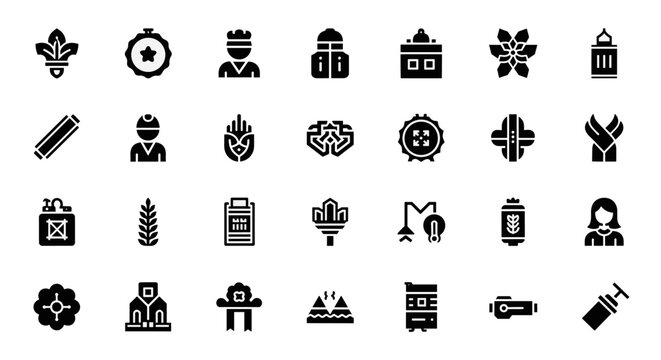 Collection of diverse black glyph icons representing various concepts and objects