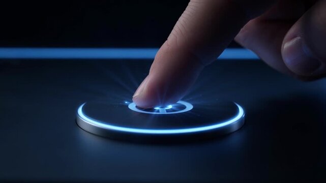 Close-up of a Finger Pressing a Glowing Blue Button, Symbolizing Activation and Technology