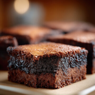 Rich chocolate brownie with moist center and crisp edges, freshly baked and cut into squares, tempting and delicious dessert treat