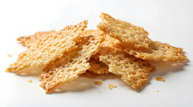 Crispy cheese tuile shards with delicate lacy texture. Isolated on White background