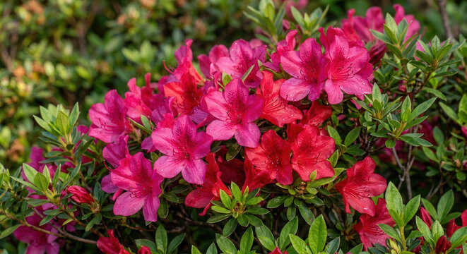 A closeup of a bumblebee pollinating pink Azalea flowers growing against green leaves in sunlight