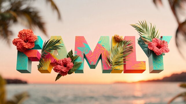 Colorful 3D text spelling "FAMILY" adorned with tropical flowers and leaves against a sunset beach background with ocean waves and palm trees