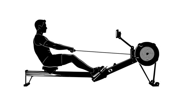 Rowing machine silhouette side view vector with athlete exercising indoor fitness equipment isolated on white background