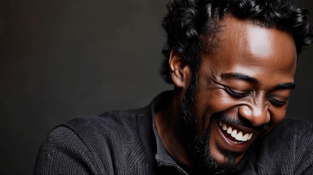Confident and happy black man smiling warmly during a professional studio portrait session, showcasing success and joy in a minimalist setting