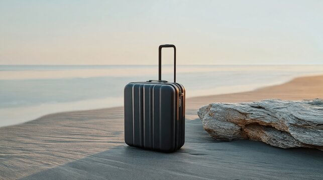 Black hard-shell suitcase with retractable handle placed on sandy beach near driftwood, ocean waves visible in the background under soft morning light