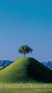 Solitary tree stands atop rounded green grass hill under clear blue sky, peaceful landscape with distant mountain range