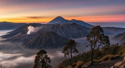 Obraz premium Volcanic Bromo Crater at Misty Sunrise: An Epic Photorealistic Alien Landscape
