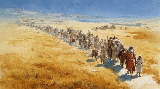 Abram leading his household and flocks through Canaan, a long caravan crossing dry terrain, a biblical Genesis 12 illustration.
