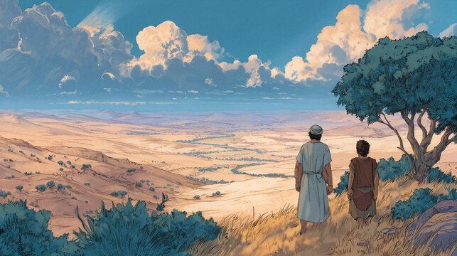 Abram and Lot standing together as they view the land before separating, a biblical Genesis 13 illustration.