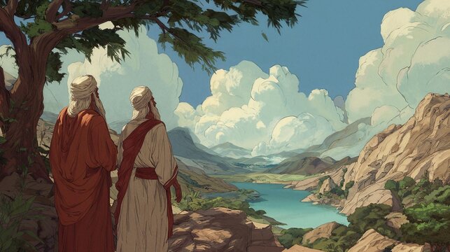 Abram and Lot standing together as they view the land before separating, a biblical Genesis 13 illustration.