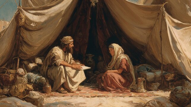 Abram speaking with Sarai in their tent about Hagar and the child, a biblical Genesis 16 illustration.