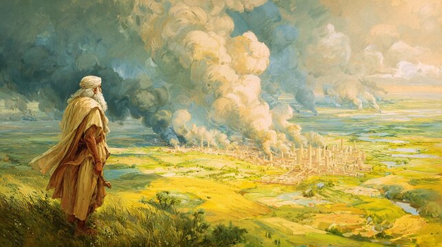 Abraham observing the smoke rising from the plain after the destruction of the cities, a biblical Genesis 19 illustration.