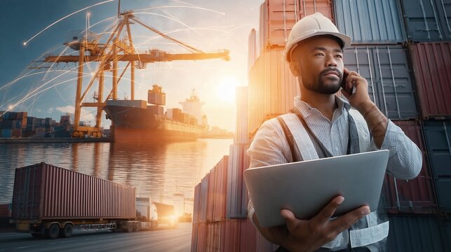 African American male logistics manager in hard hat using laptop and mobile phone at shipping port with cargo containers and cranes in the background during sunset