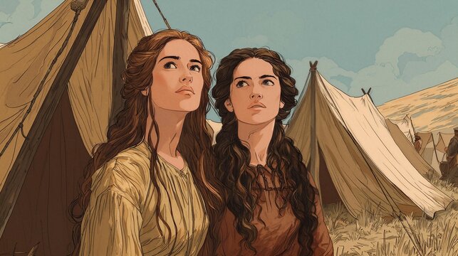 Leah and Rachel standing together near their tents, a biblical Genesis 29 illustration.