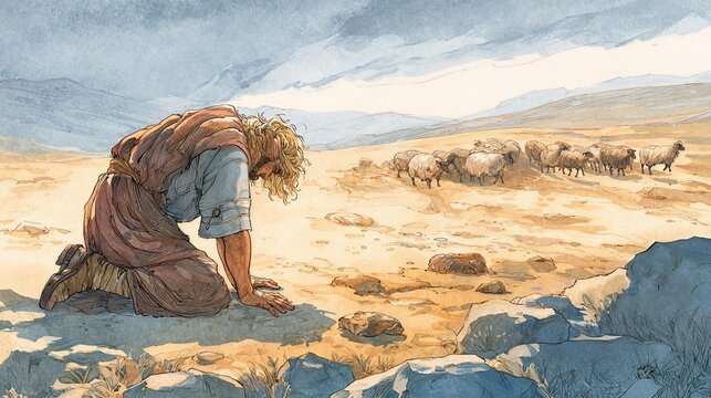 Jacob bowing seven times as he approaches Esau, a biblical Genesis 33 illustration.