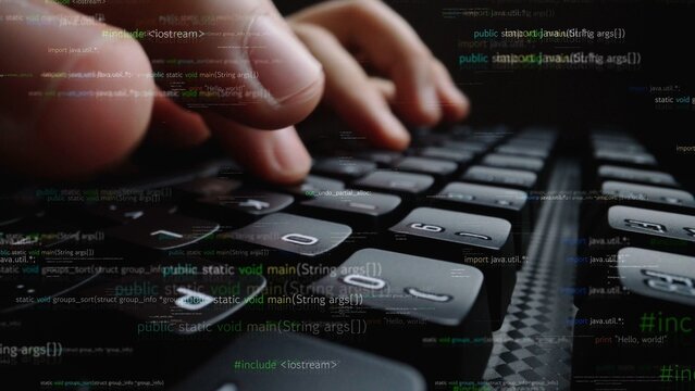 Close-up shot of fingers actively typing on a computer keyboard, with floating code snippets in the background, illustrating programming and digital technology in action. Xenic