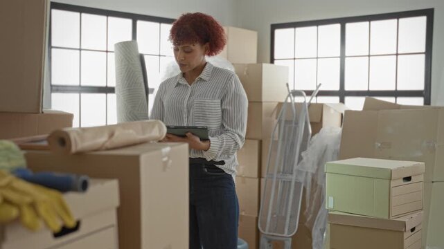 Woman tapping tablet amid packed moving boxes, bubblewrap and an ironingboard in a building, checking inventory and scheduling tasks; focused planning.