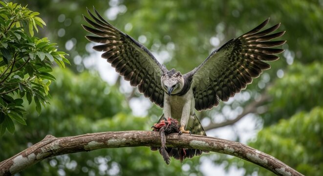 Large bird of prey with wings spread wide on tree branch outdoors