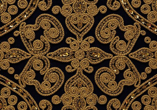 Close up intricate gold thread embroidery pattern with sequins on dark textile background